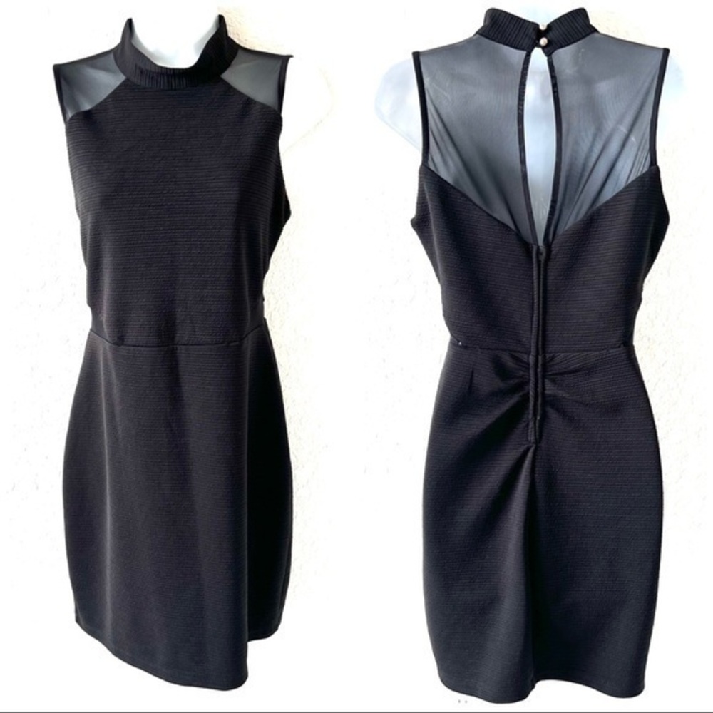 Black fitted sheath tank dress w/ sheer mesh cutouts at shoulders & waist Sz L